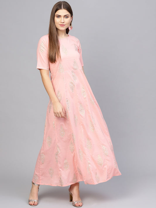 Women Pink & Golden Printed Maxi Dress | LASVINI - Redefining Indian Fashion with Elegance
