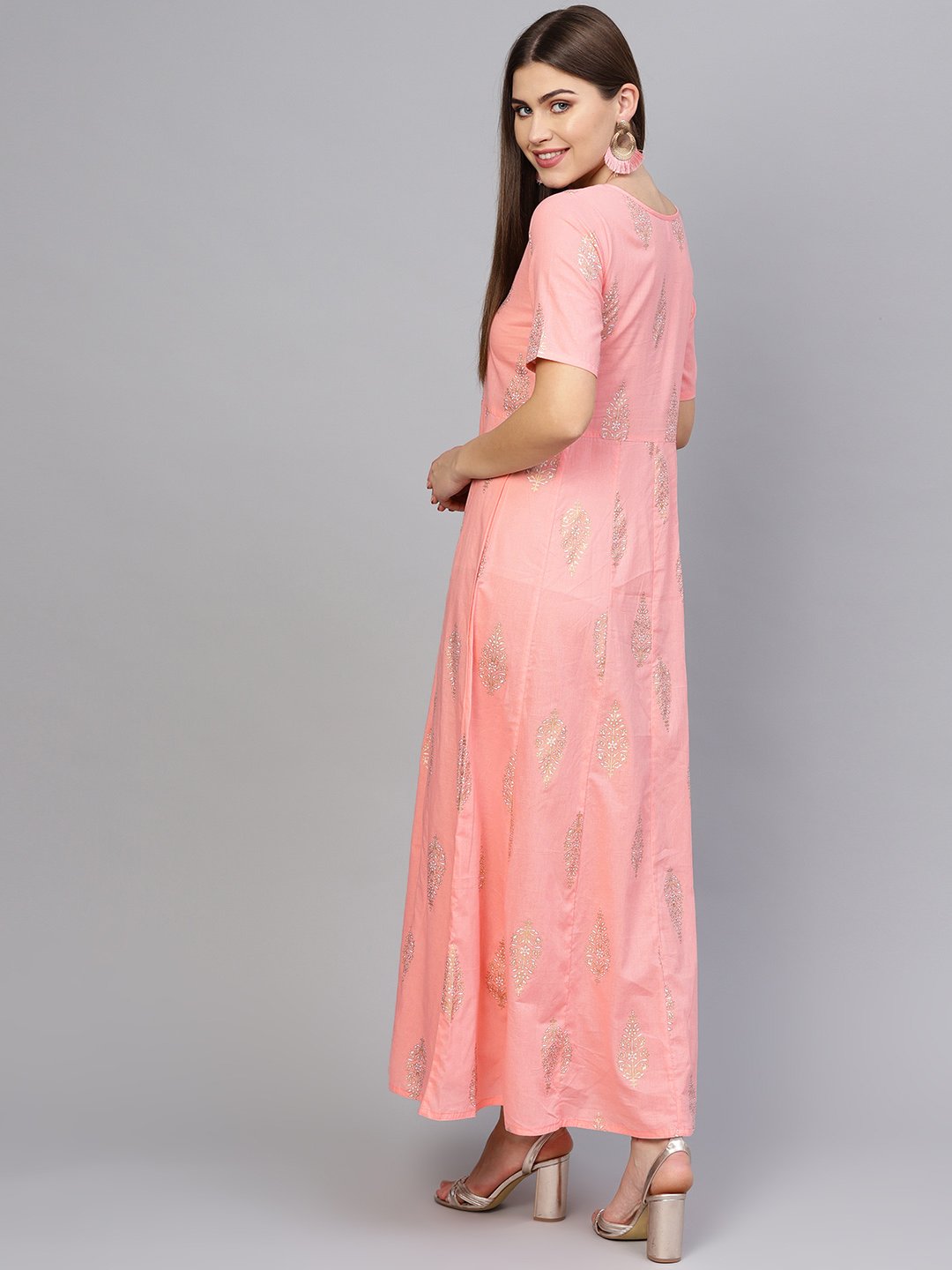 Women Pink & Golden Printed Maxi Dress | LASVINI - Redefining Indian Fashion with Elegance