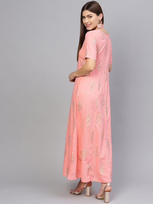 Women Pink & Golden Printed Maxi Dress | LASVINI - Redefining Indian Fashion with Elegance