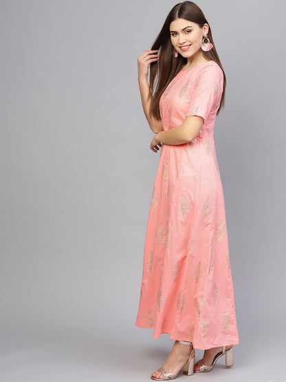 Women Pink & Golden Printed Maxi Dress | LASVINI - Redefining Indian Fashion with Elegance