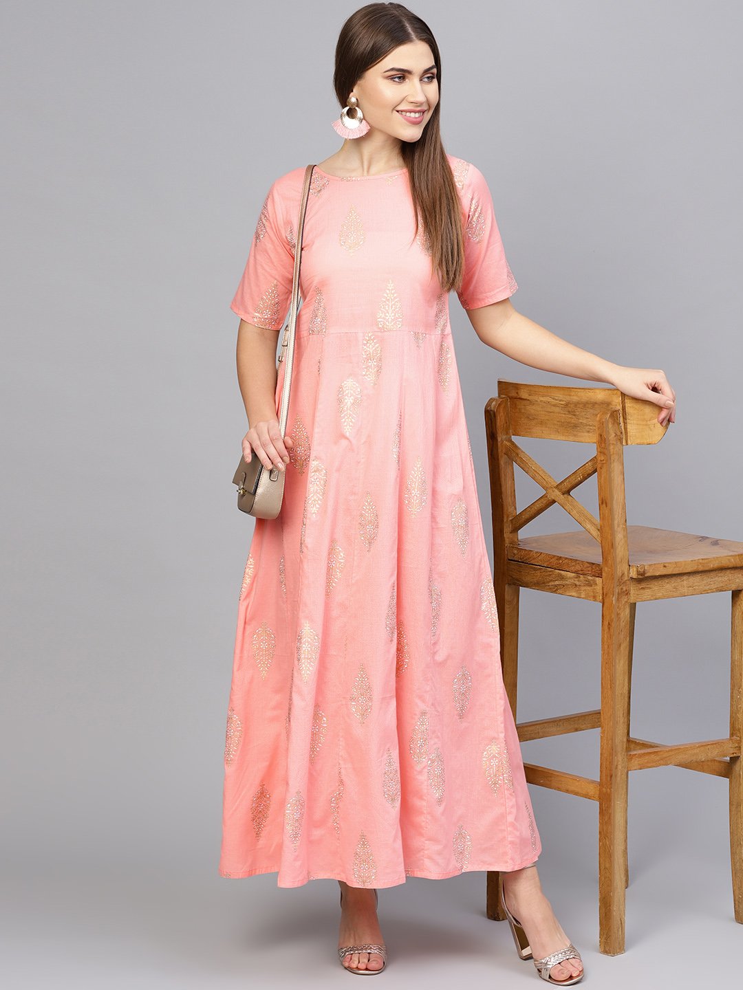 Women Pink & Golden Printed Maxi Dress | LASVINI - Redefining Indian Fashion with Elegance
