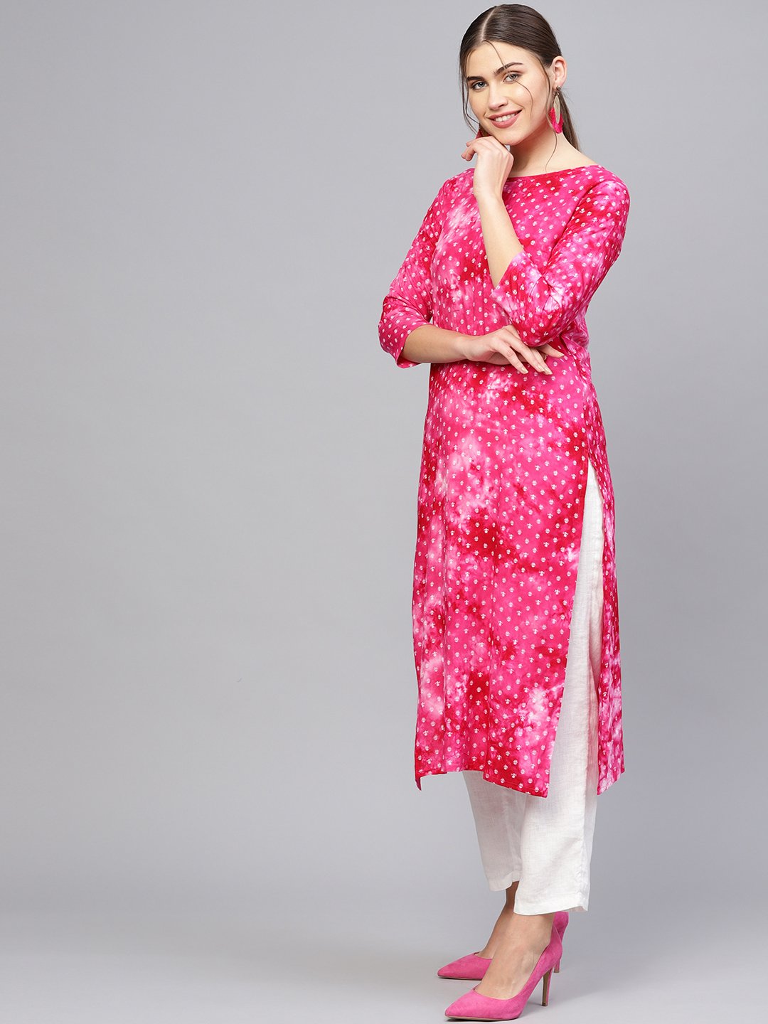 Women Pink & White Printed Straight Kurta | LASVINI - Redefining Indian Fashion with Elegance