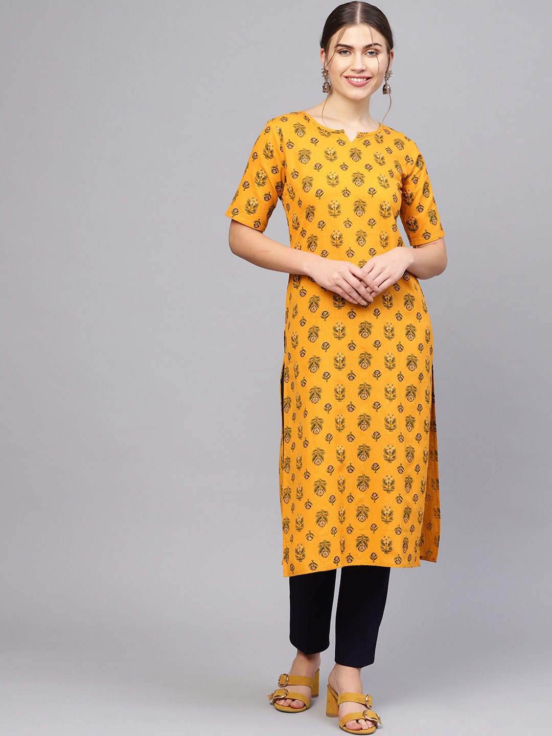 Women Mustard Yellow & Green Printed Straight Kurta | LASVINI - Redefining Indian Fashion with Elegance