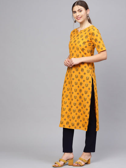 Women Mustard Yellow & Green Printed Straight Kurta | LASVINI - Redefining Indian Fashion with Elegance