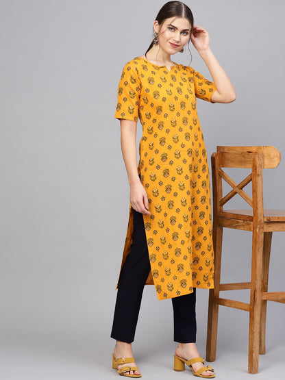 Women Mustard Yellow & Green Printed Straight Kurta | LASVINI - Redefining Indian Fashion with Elegance