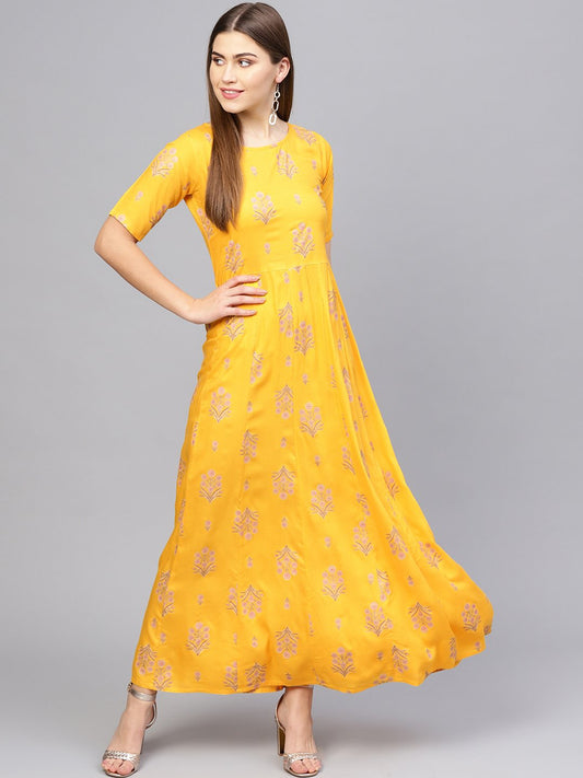Women Mustard Yellow & Pink Printed Maxi Dress | LASVINI - Redefining Indian Fashion with Elegance