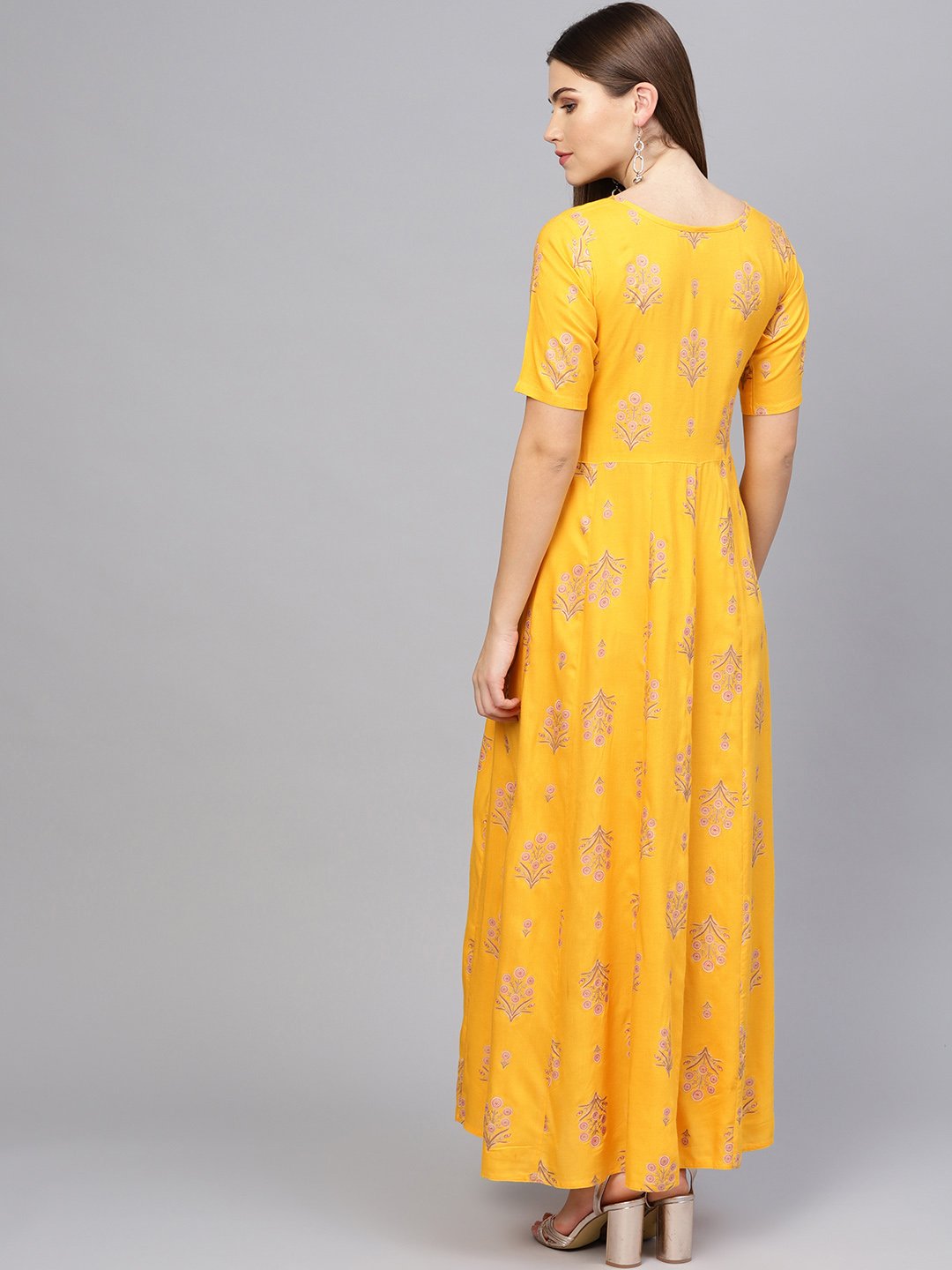 Women Mustard Yellow & Pink Printed Maxi Dress | LASVINI - Redefining Indian Fashion with Elegance