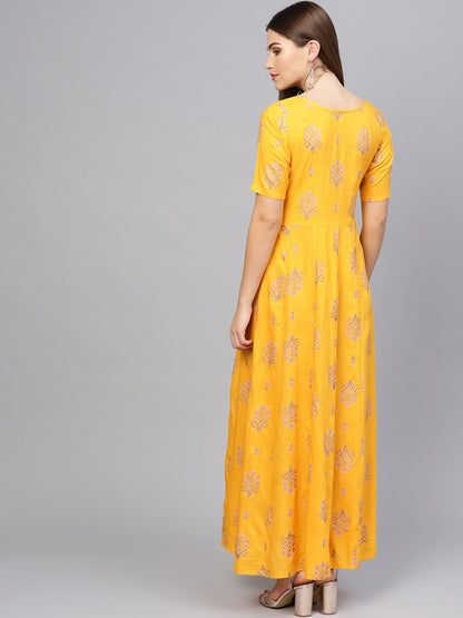 Women Mustard Yellow & Pink Printed Maxi Dress | LASVINI - Redefining Indian Fashion with Elegance