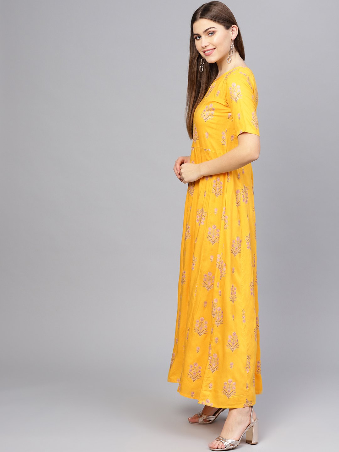 Women Mustard Yellow & Pink Printed Maxi Dress | LASVINI - Redefining Indian Fashion with Elegance