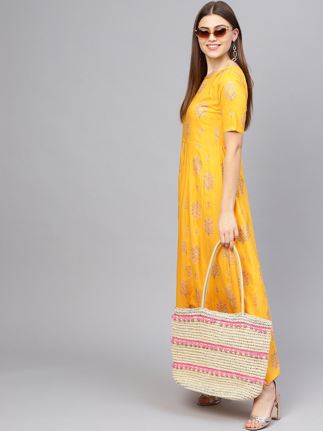 Women Mustard Yellow & Pink Printed Maxi Dress | LASVINI - Redefining Indian Fashion with Elegance