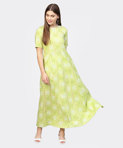 Women Green & Off-White Bandhani Printed Maxi Dress | LASVINI - Redefining Indian Fashion with Elegance
