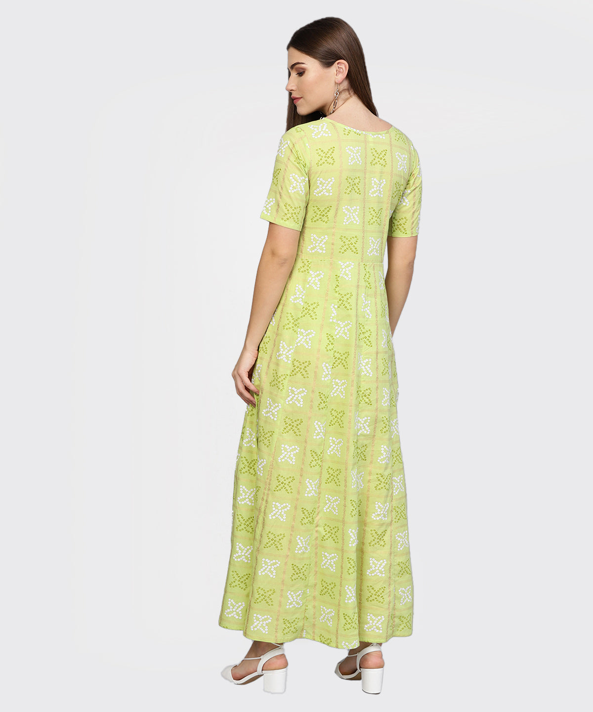 Women Green & Off-White Bandhani Printed Maxi Dress | LASVINI - Redefining Indian Fashion with Elegance
