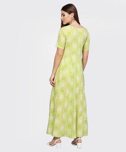 Women Green & Off-White Bandhani Printed Maxi Dress | LASVINI - Redefining Indian Fashion with Elegance