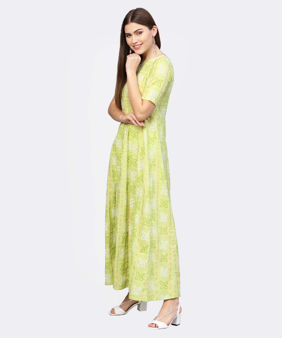 Women Green & Off-White Bandhani Printed Maxi Dress | LASVINI - Redefining Indian Fashion with Elegance