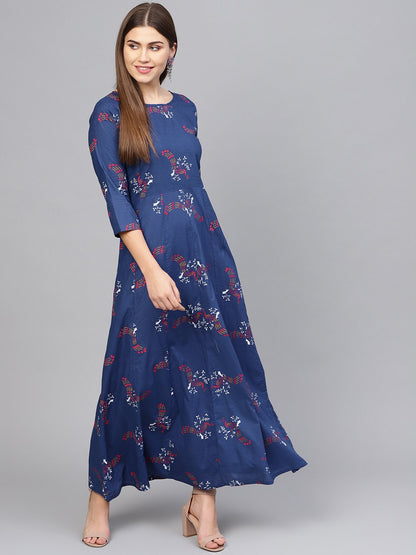 Women Navy Blue & Pink Printed Maxi Dress | LASVINI - Redefining Indian Fashion with Elegance