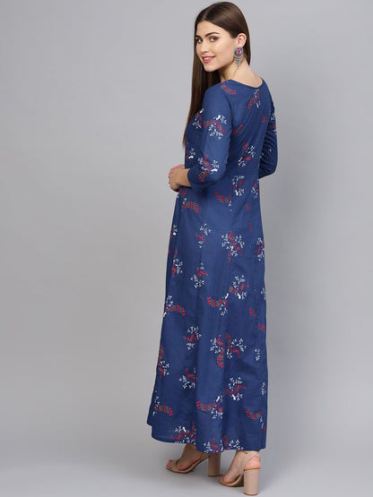 Women Navy Blue & Pink Printed Maxi Dress | LASVINI - Redefining Indian Fashion with Elegance