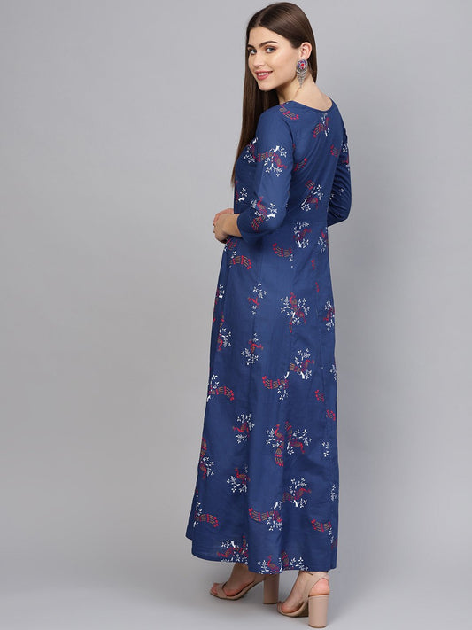 Women Navy Blue & Pink Printed Maxi Dress | LASVINI - Redefining Indian Fashion with Elegance