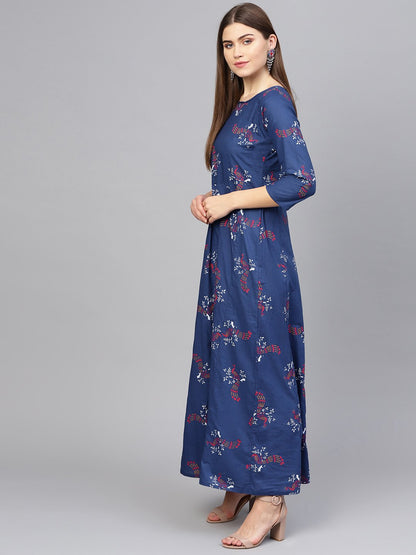Women Navy Blue & Pink Printed Maxi Dress | LASVINI - Redefining Indian Fashion with Elegance