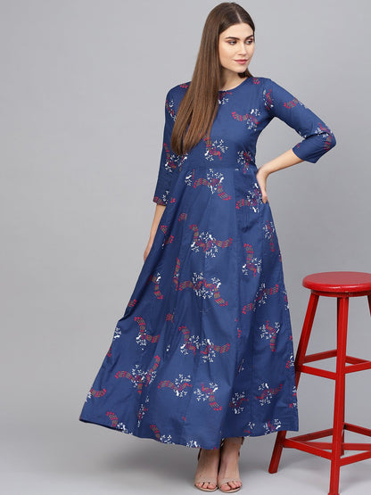 Women Navy Blue & Pink Printed Maxi Dress | LASVINI - Redefining Indian Fashion with Elegance