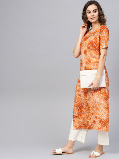Women Rust Orange & White Bandhani Printed Straight Kurta | LASVINI - Redefining Indian Fashion with Elegance