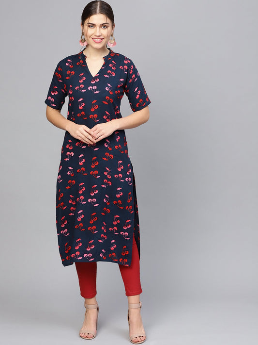 Women Navy Blue & Pink Printed Straight Kurta | LASVINI - Redefining Indian Fashion with Elegance