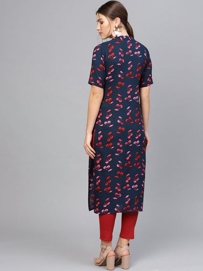 Women Navy Blue & Pink Printed Straight Kurta | LASVINI - Redefining Indian Fashion with Elegance