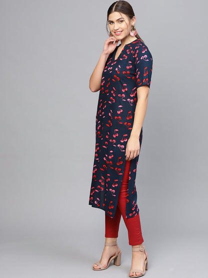 Women Navy Blue & Pink Printed Straight Kurta | LASVINI - Redefining Indian Fashion with Elegance