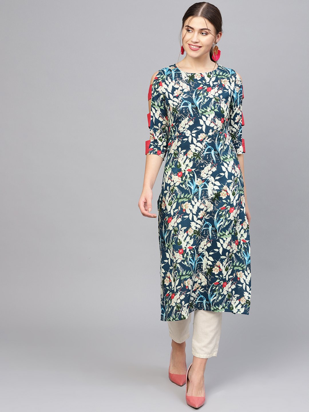 Women Navy Blue & Green Printed Straight Kurta | LASVINI - Redefining Indian Fashion with Elegance
