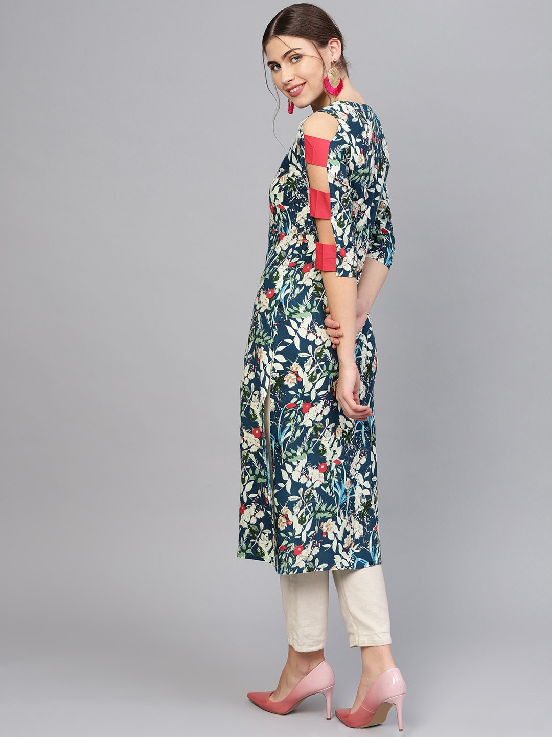 Women Navy Blue & Green Printed Straight Kurta | LASVINI - Redefining Indian Fashion with Elegance