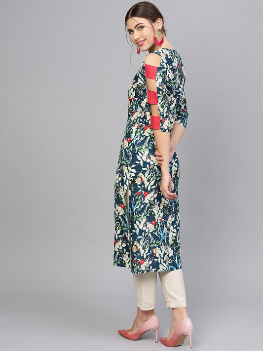 Women Navy Blue & Green Printed Straight Kurta | LASVINI - Redefining Indian Fashion with Elegance