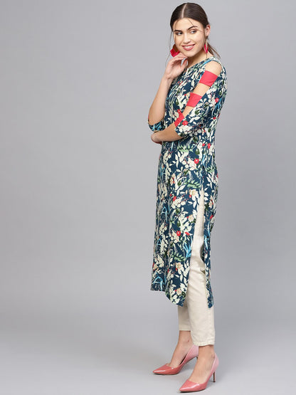 Women Navy Blue & Green Printed Straight Kurta | LASVINI - Redefining Indian Fashion with Elegance