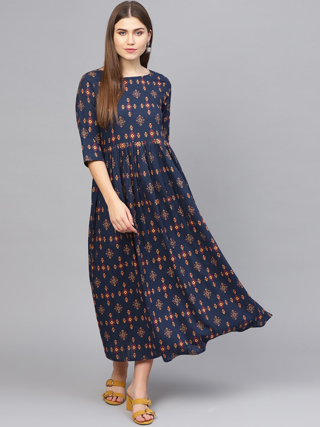 Women Navy Blue & Beige Printed Maxi Dress | LASVINI - Redefining Indian Fashion with Elegance