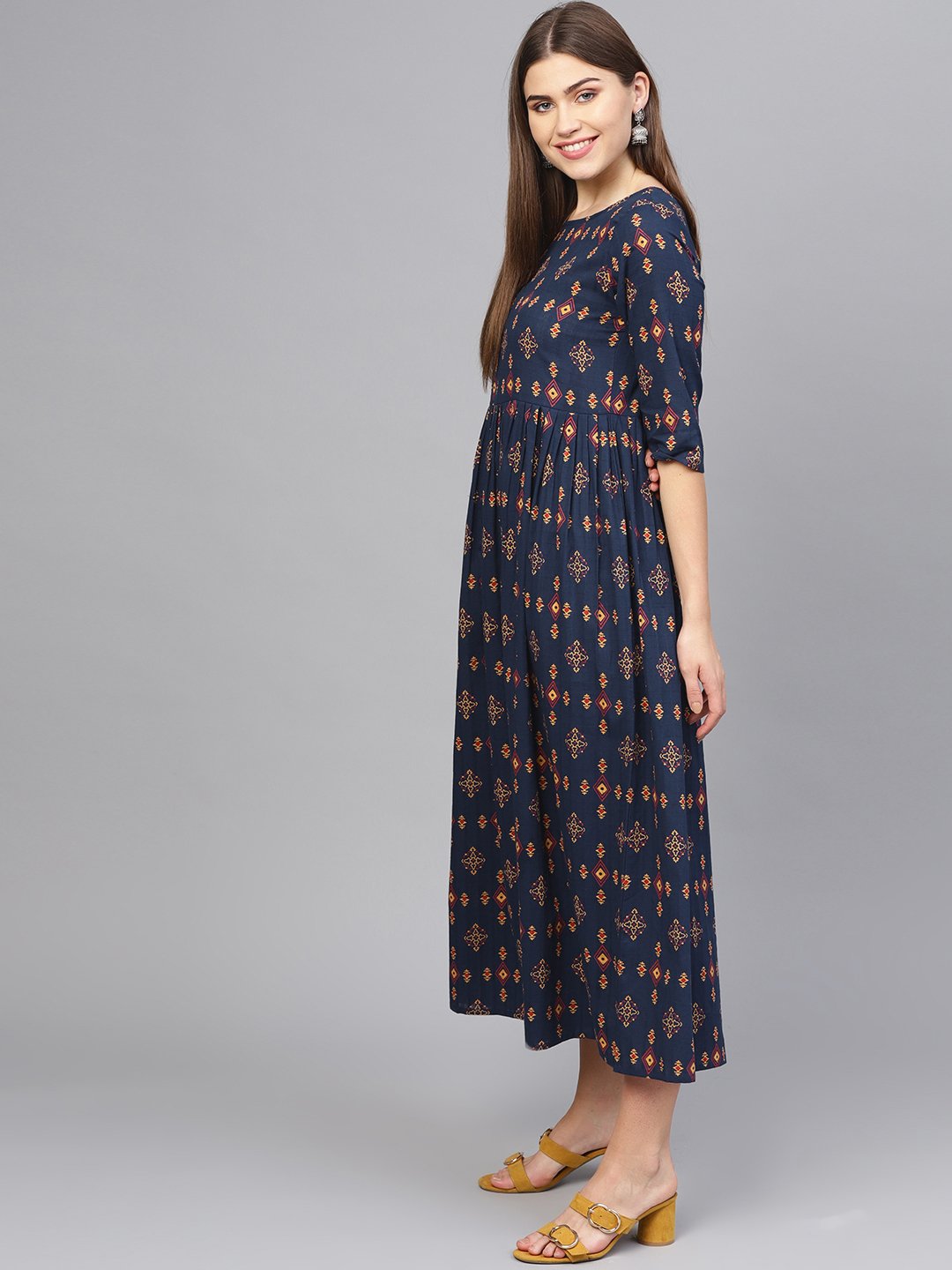 Women Navy Blue & Beige Printed Maxi Dress | LASVINI - Redefining Indian Fashion with Elegance