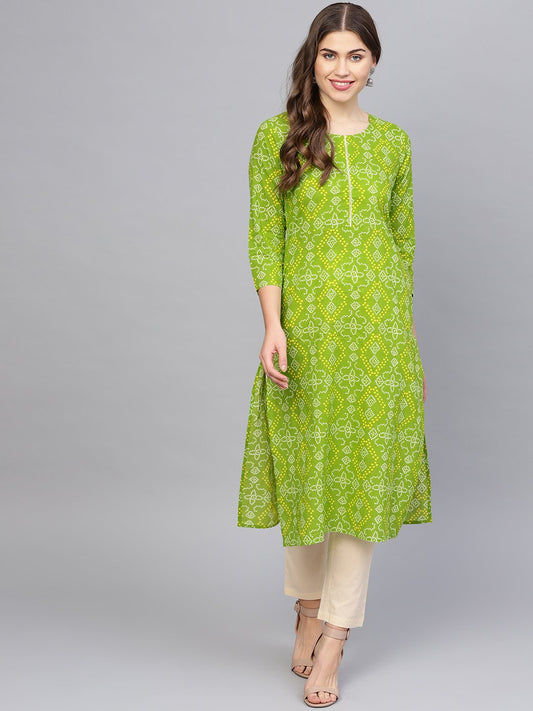 Women Green & Cream-Coloured Printed Kurta With Trousers | LASVINI - Redefining Indian Fashion with Elegance