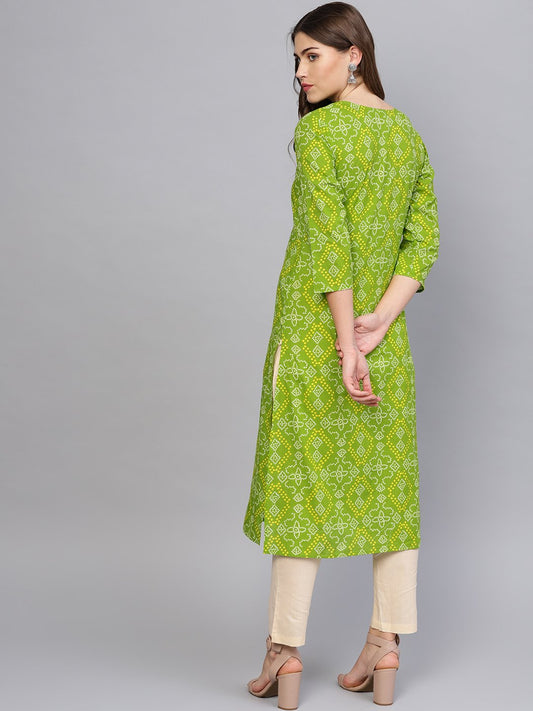 Women Green & Cream-Coloured Printed Kurta With Trousers | LASVINI - Redefining Indian Fashion with Elegance