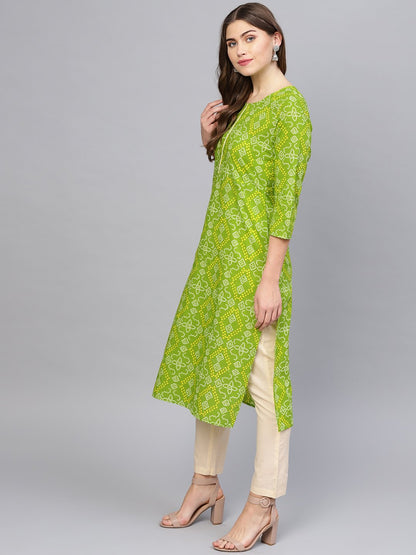 Women Green & Cream-Coloured Printed Kurta With Trousers | LASVINI - Redefining Indian Fashion with Elegance