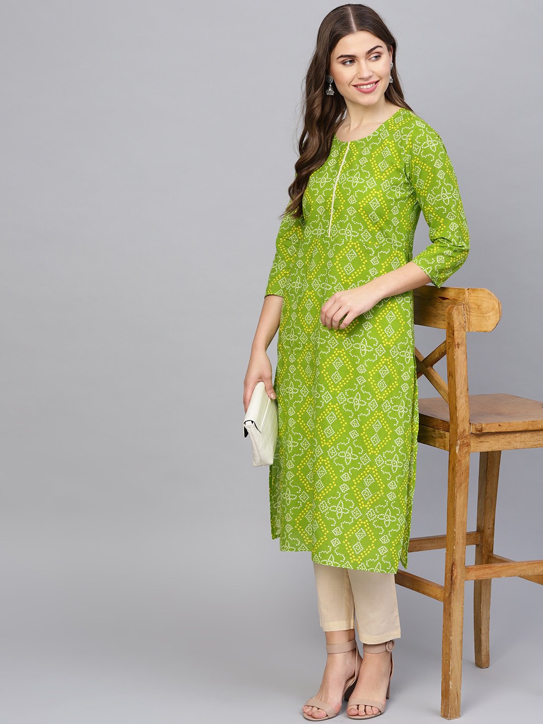 Women Green & Cream-Coloured Printed Kurta With Trousers | LASVINI - Redefining Indian Fashion with Elegance