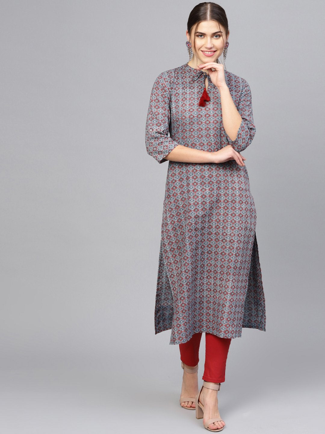 Women Navy Blue & Maroon Printed Straight Kurta | LASVINI - Redefining Indian Fashion with Elegance