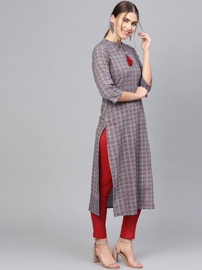 Women Navy Blue & Maroon Printed Straight Kurta | LASVINI - Redefining Indian Fashion with Elegance