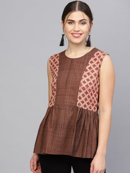 Women Brown Printed A-Line Top | LASVINI - Redefining Indian Fashion with Elegance