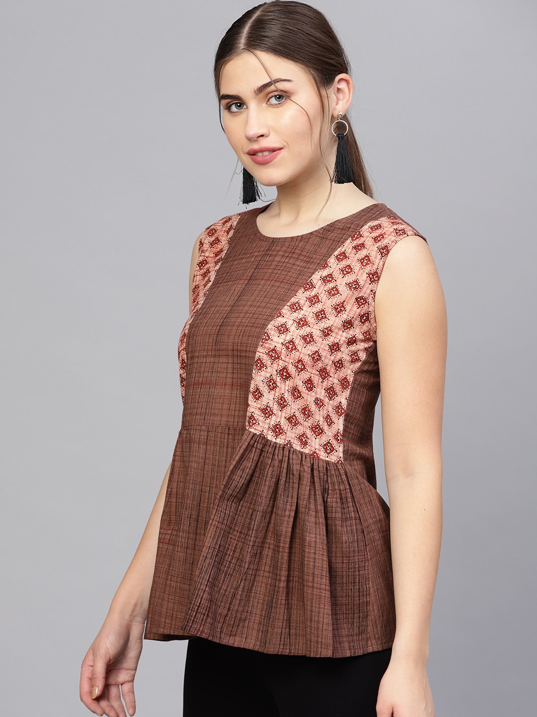 Women Brown Printed A-Line Top | LASVINI - Redefining Indian Fashion with Elegance