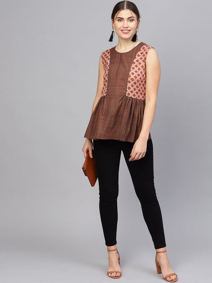 Women Brown Printed A-Line Top | LASVINI - Redefining Indian Fashion with Elegance