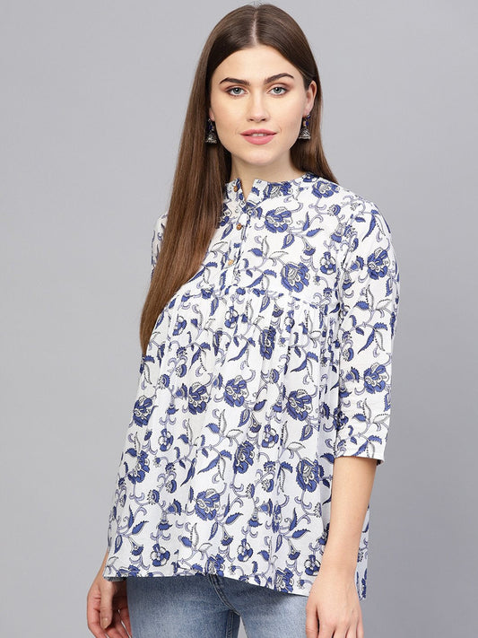Women Off-White & Blue Printed A-Line Tunic | LASVINI - Redefining Indian Fashion with Elegance