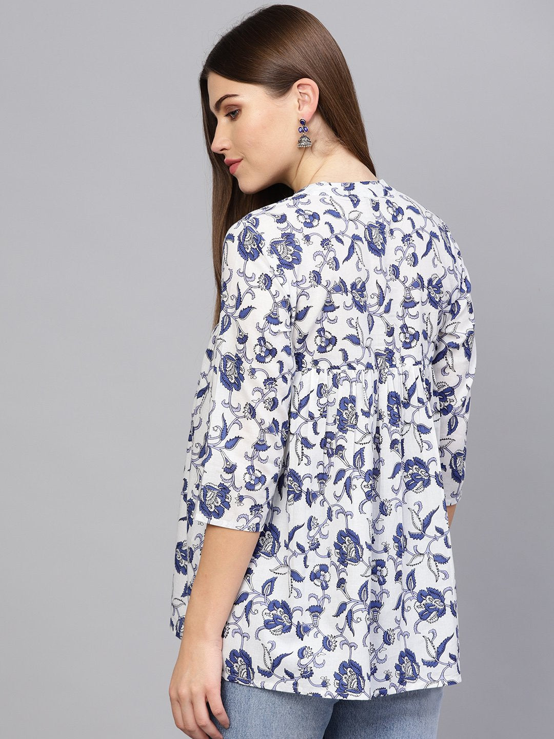 Women Off-White & Blue Printed A-Line Tunic | LASVINI - Redefining Indian Fashion with Elegance