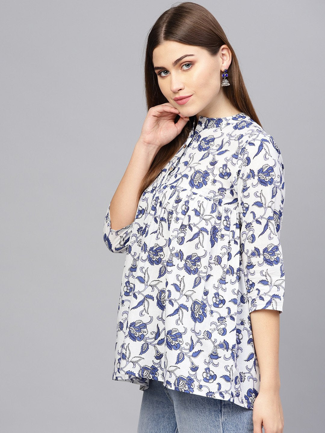 Women Off-White & Blue Printed A-Line Tunic | LASVINI - Redefining Indian Fashion with Elegance