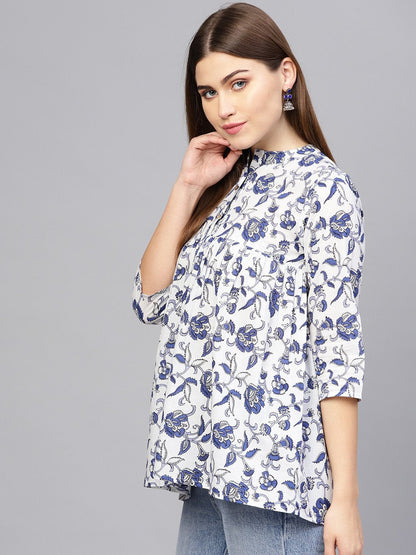 Women Off-White & Blue Printed A-Line Tunic | LASVINI - Redefining Indian Fashion with Elegance
