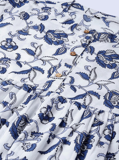 Women Off-White & Blue Printed A-Line Tunic | LASVINI - Redefining Indian Fashion with Elegance