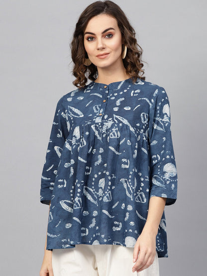 Women Blue & Off-White Printed Tunic | LASVINI - Redefining Indian Fashion with Elegance