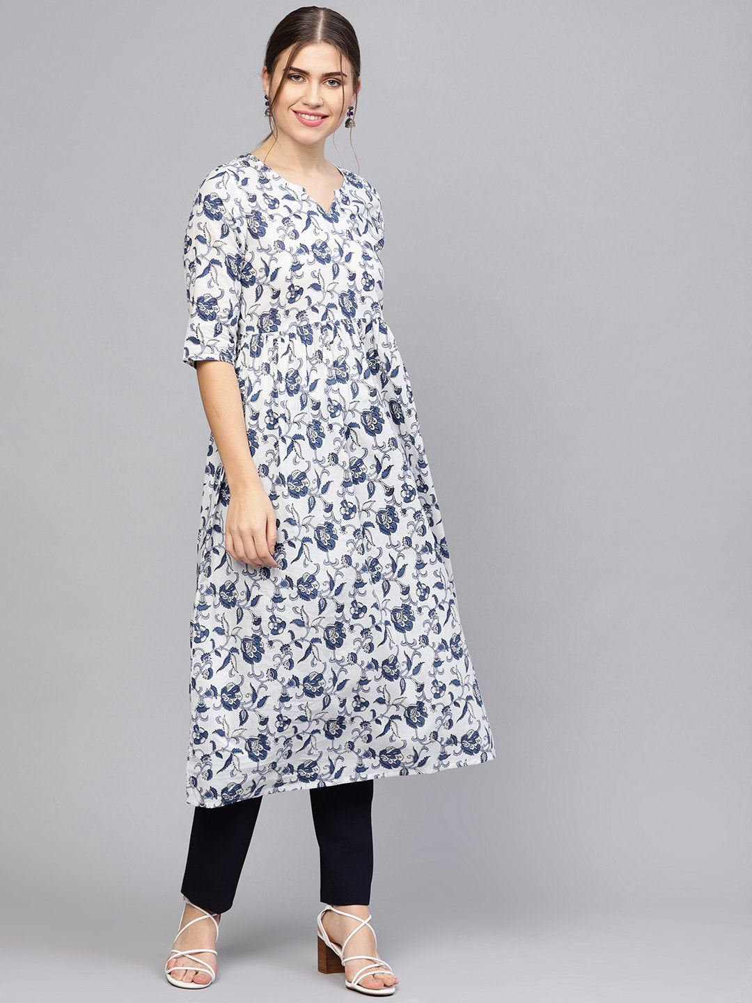 Women White & Blue Printed A-Line Kurta | LASVINI - Redefining Indian Fashion with Elegance