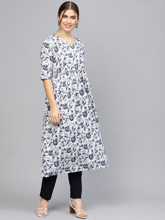 Women White & Blue Printed A-Line Kurta | LASVINI - Redefining Indian Fashion with Elegance